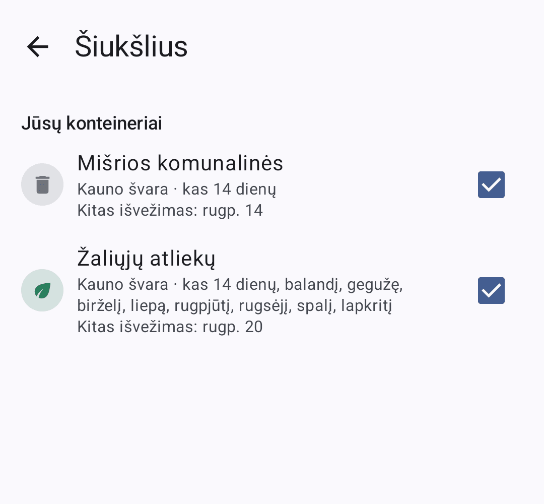 Konteinerių pasirinkimo ekranas